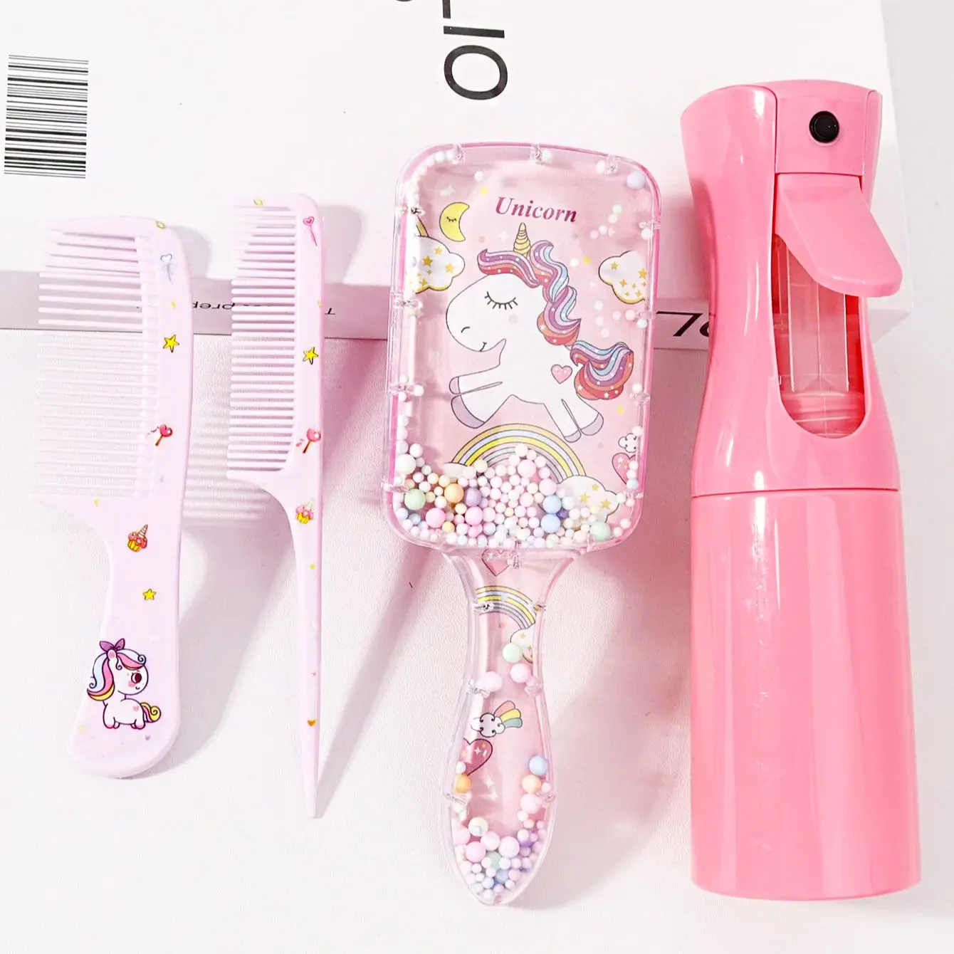 مجموعة تصفيف الشعر مكونة من 4 قطع، وزجاجة رذاذ سعة 200 مل، وفرشاة شعر مربعة بنمط كرتوني لطيف ومشطين، خاصة بشعر مستعار حقيقي #6