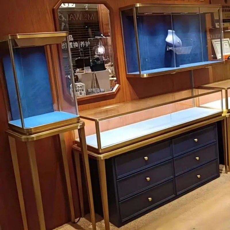 custom.Deep Navy-Upholstered Integrated Blue-Accent-Lit Curated Premium Jewelry Exhibition Showcase