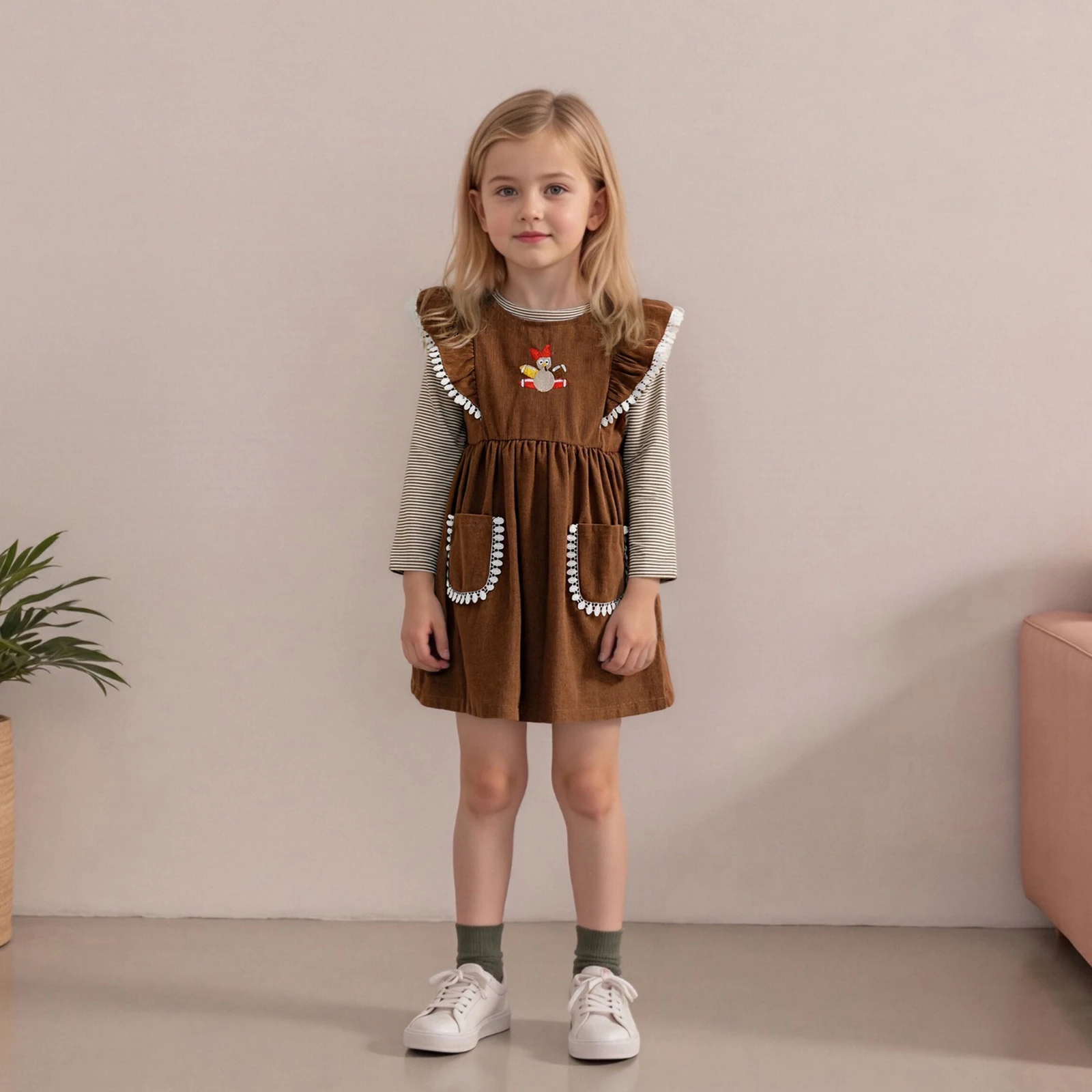 طقم ملابس للفتيات الصغيرات بأكمام طويلة وقمصان مخططة مع فستان بدون أكمام مطرز تركيا لعيد الشكر مكون من قطعتين #5