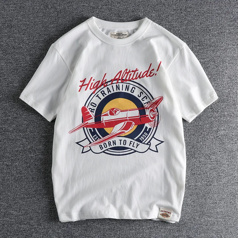 Summer American Retro Short-sleeved O-neck Aircraft Printed T-shirt Men's Fashion Simple 100% Cotton Washed Casual Sport Tops