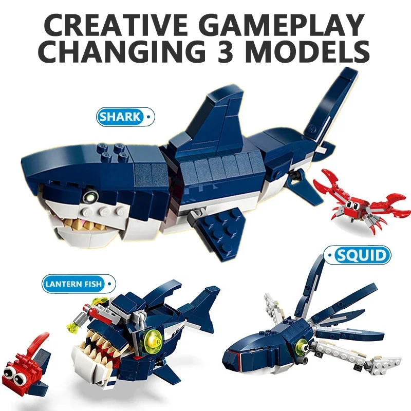 Creative 3in1 Gear Mechanical swimming shark Model Building Blocks Ideas Toys Deep Sea Creatures Children Bricks Kids Gifts