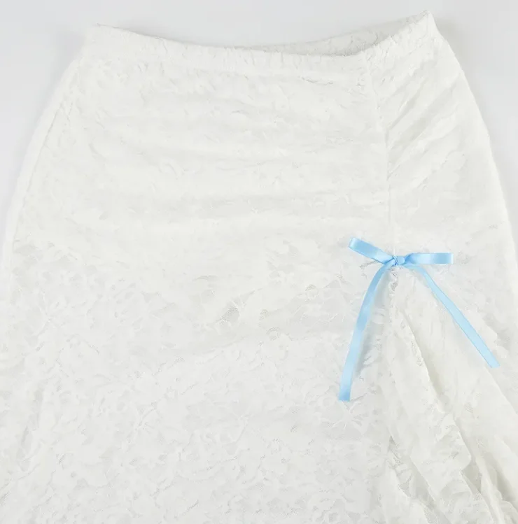 Mesh Lace Patchwork Split Skirt for Women In Summer, Sexy High Waist Slim Fit Semi Transparent Lace Pure Desire Style Skirt
