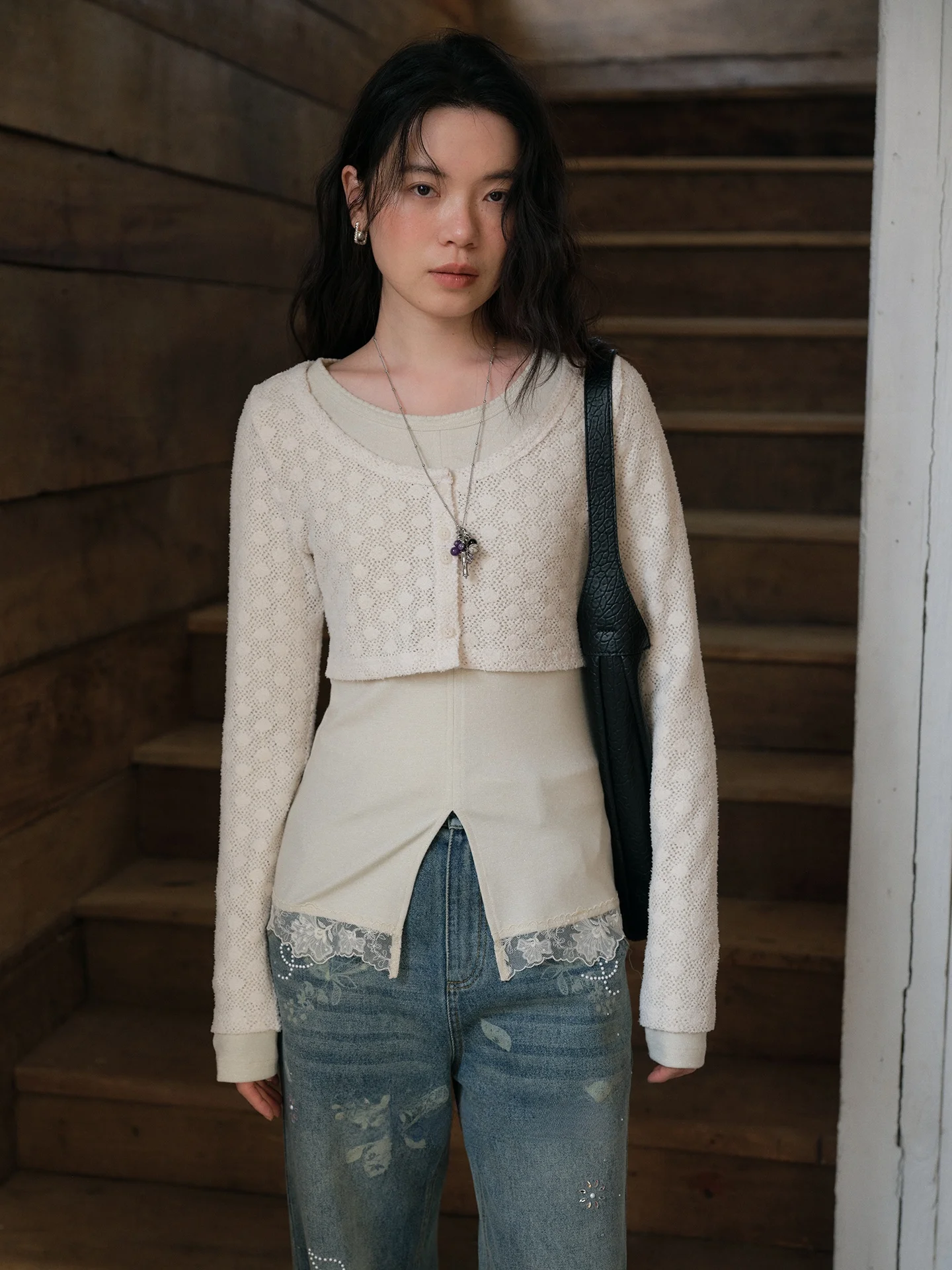 

Chic Women's Long Sve Knitted Cardigan Waist-Cinched Two-Piece Set Morning Fog Dots Casual Loose Fit Soft Polyester