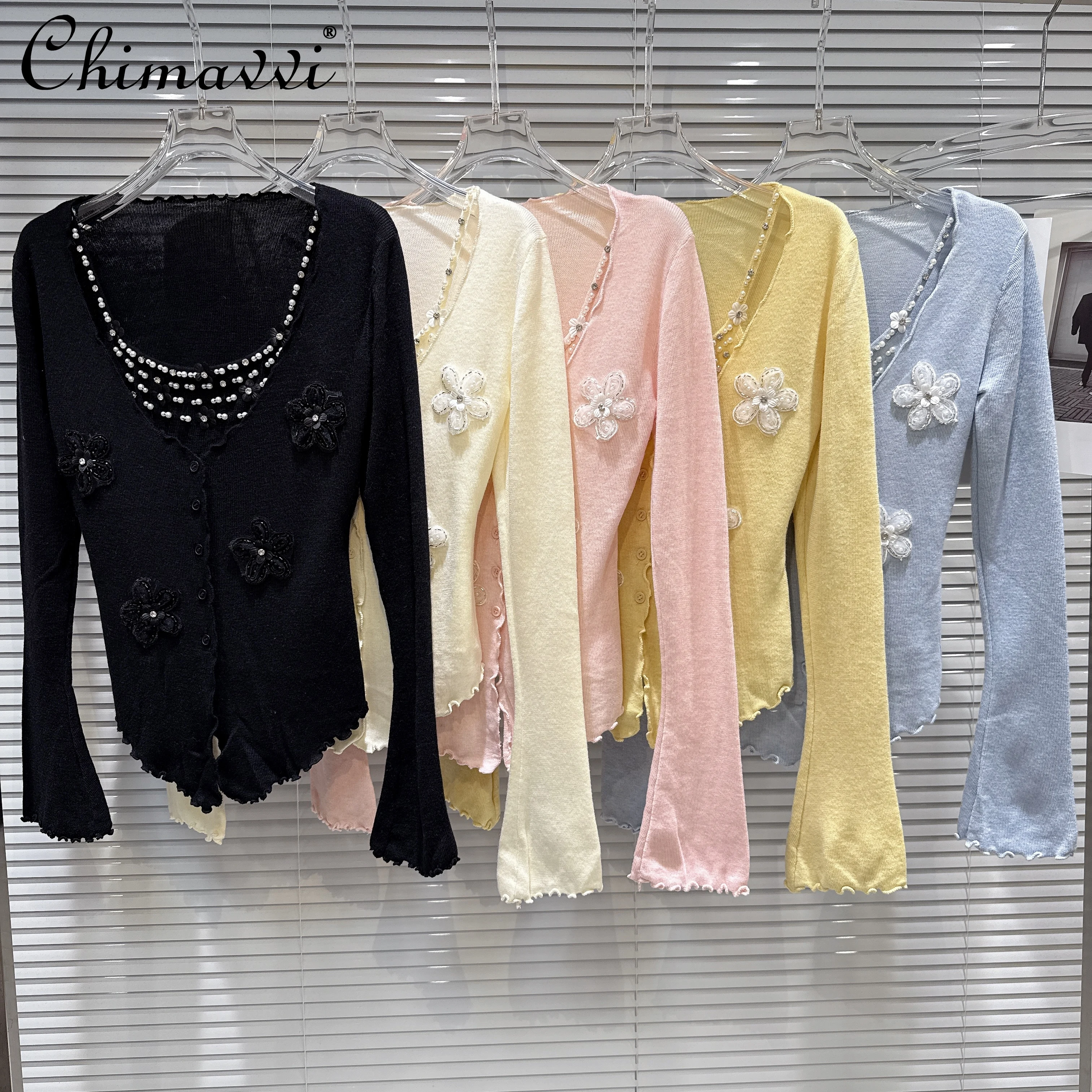 

2025 Autumn Clothes New Fashion Sweet Girl Socialite Rhinestone Beaded Flower Cardigan Elegant Long Sleeve Women Knitted Top