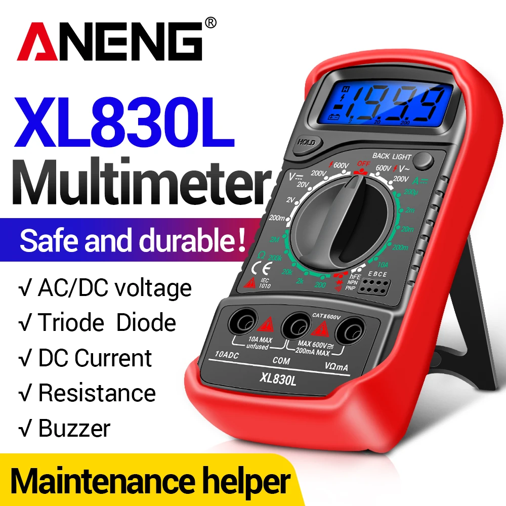 ANENG XL830L multímetro medidor de voltaje 1999 recuentos amperímetro Ohm medición Mini transistores hFE probador herramientas AC/DC
