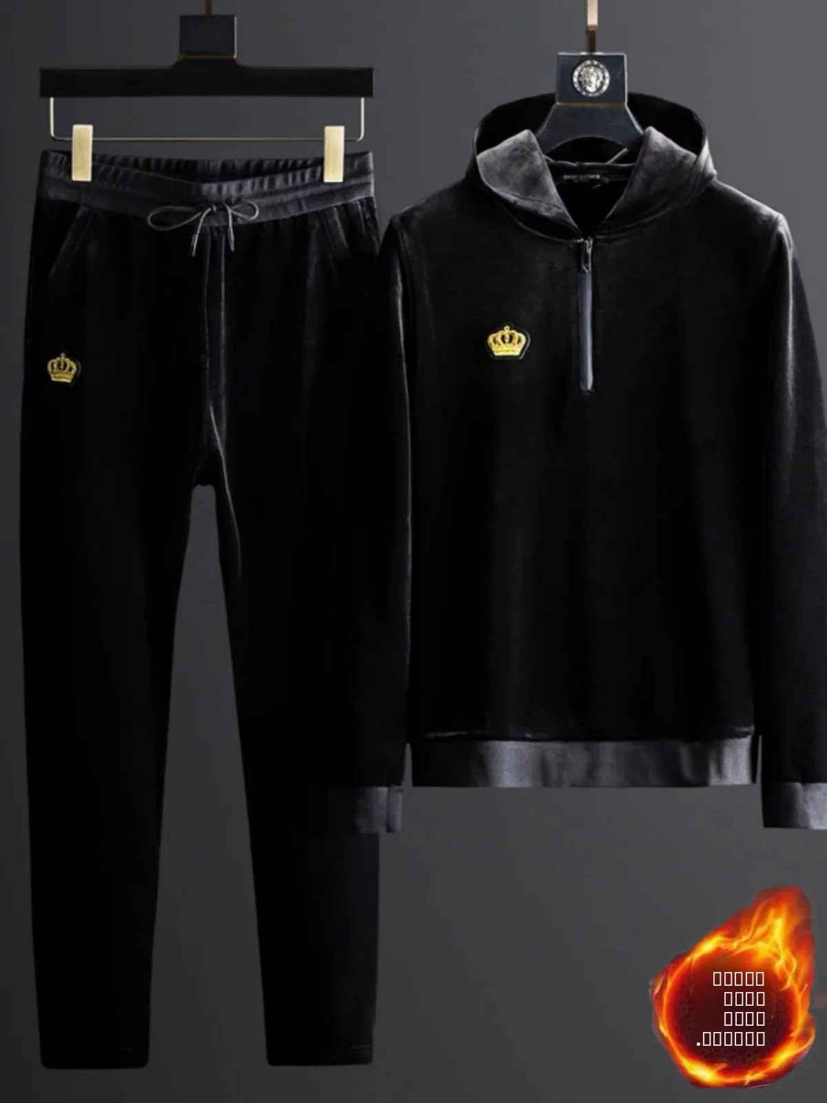 

Мужской зимний повседневный комплект из золотистого бархата с вышивкой: новая утепленная толстовка и универсальные брюки с длинными рукавами и штанинами