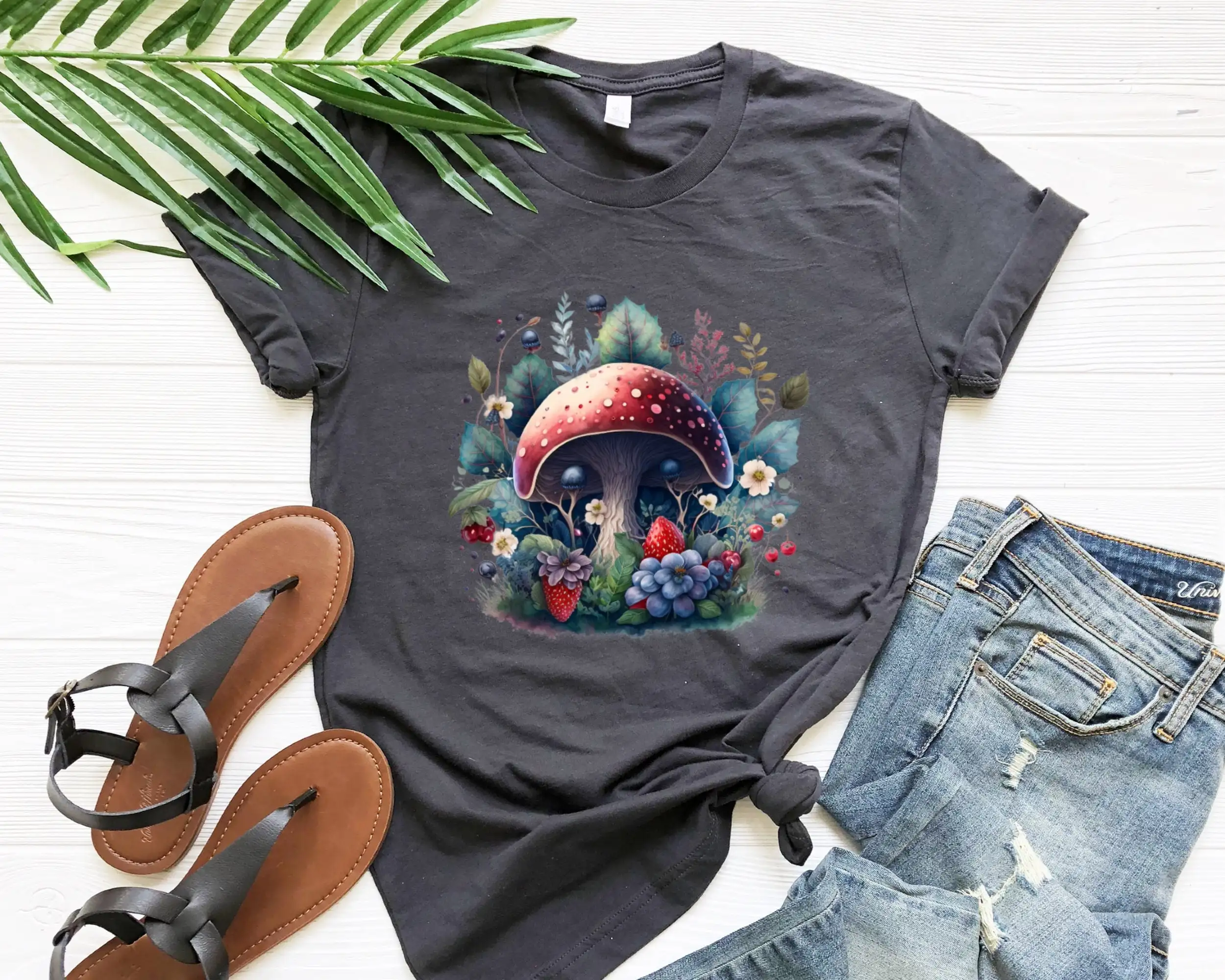 Floral Mushroom T Shirt with Strawberries Retro Magical Aesthetic Flower Goblincore Lover