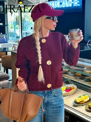 TRAFZA 2024 Female Casual Cardigan Sweater Coat 2 Pockets Wine Red Solid Metal Button Knitted Sweater Woman Autumn Trends Street