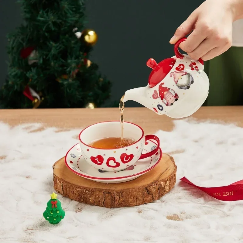 Christmas Teaware Set Santa Claus Christmas Tree Gingerbread Man Love Teapot Tea Cup and Saucer Afternoon Tea Cup Set Xmas Gift