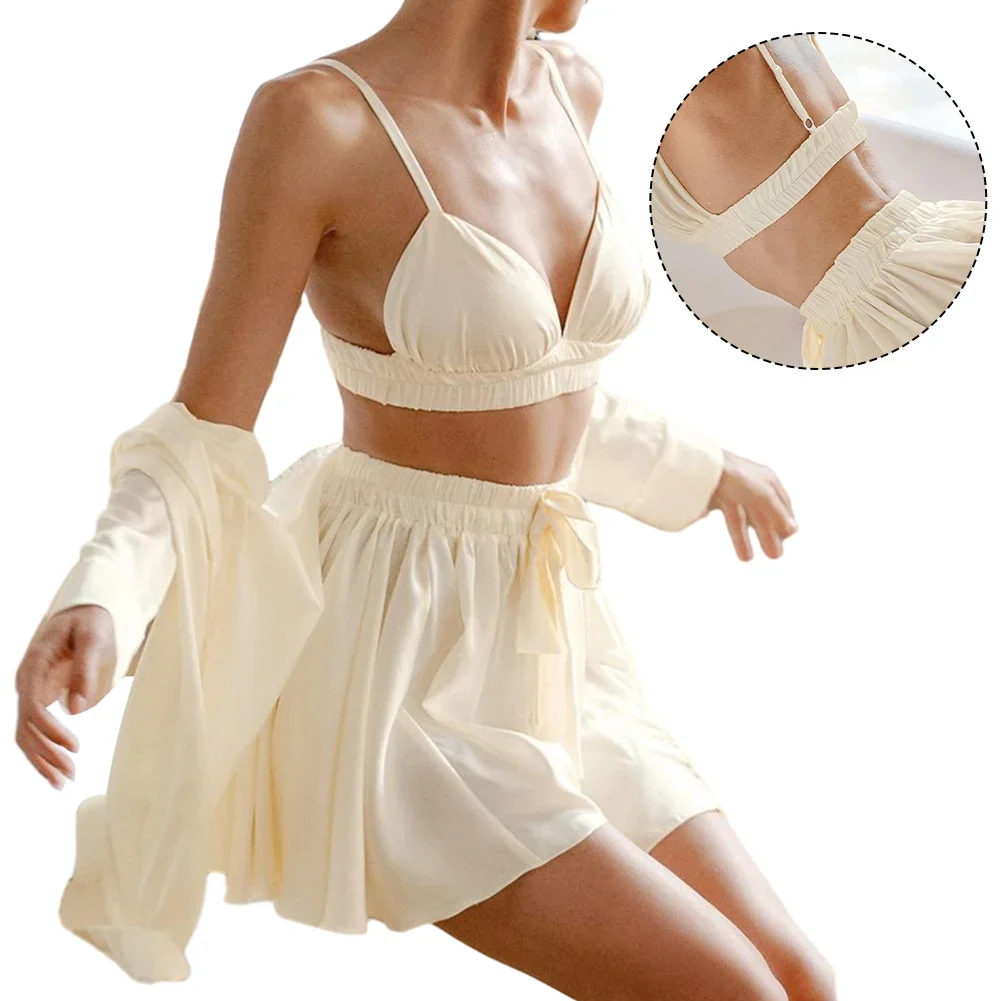 

Sexy Women Sleepwear 3 Pieces Ruched Robe Loose Short Pajamas Mini Skirts Lingerie Sets Temptation Homewear Erotic Nightgowns