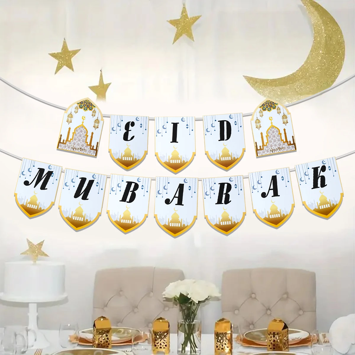 EID Mubarak Paper Banner Garland for Islamic Muslim Party Home Decoration 2025 Ramadan Kareem Hanging Ornaments Bunting Gift
