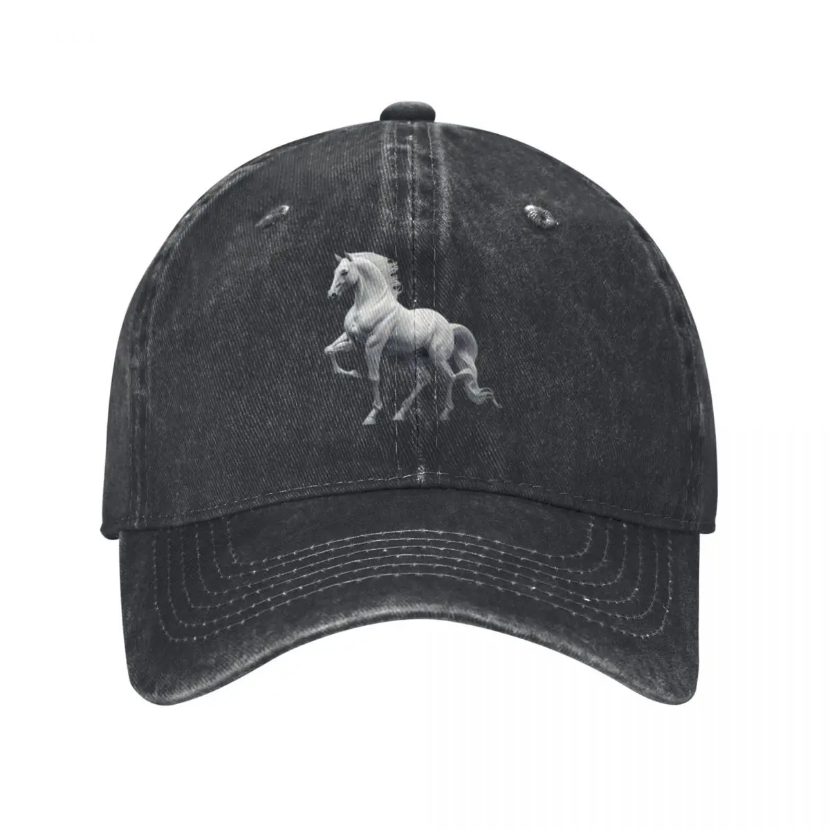 White Stallion Galloping Baseball Caps Vintage Denim Washed Headwear Unisex Style Outdoor Running Hats