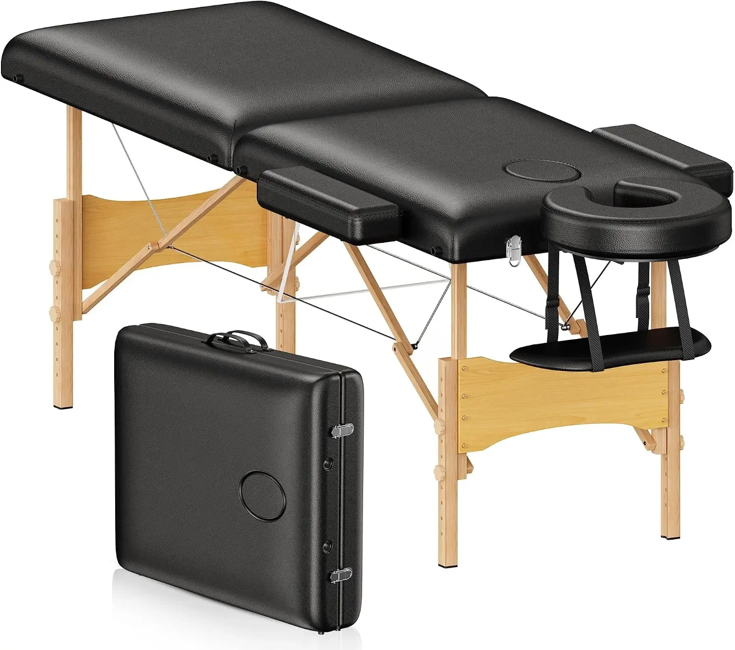 Massage Table Portable Wooden Lash Bed 2-Fold Tattoo Bed Black | Adjustable Height, Beech Wood, 490Lbs Load Capacity, Portable