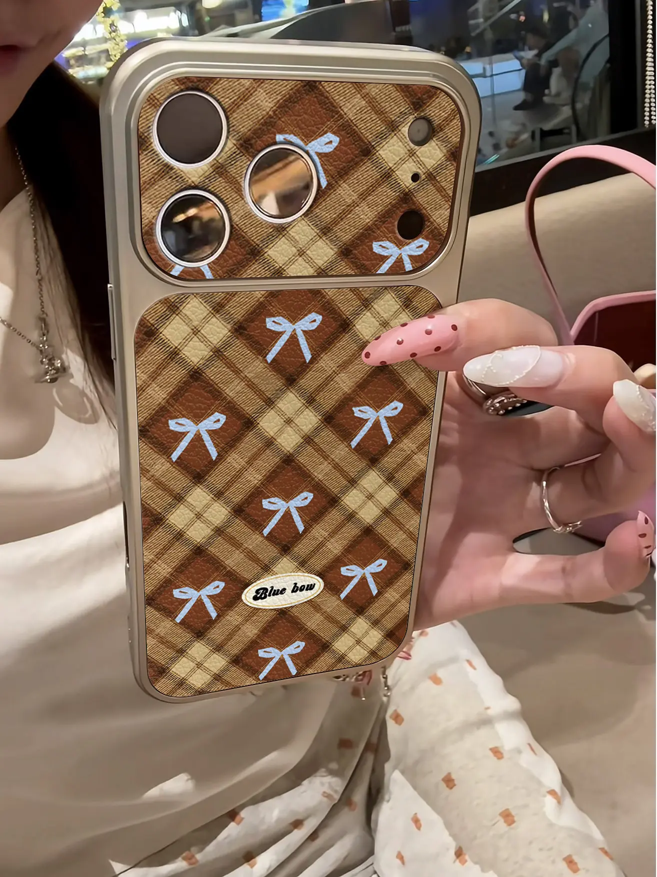 Koreanische Niedliche Welpen-Karo-Imitat 17 Handyhülle für iPhone 13 14 15 16 17 Pro Max 17Pro, Galvanisierter Stoßfänger, Stoßfeste Lederhülle – Detail 13