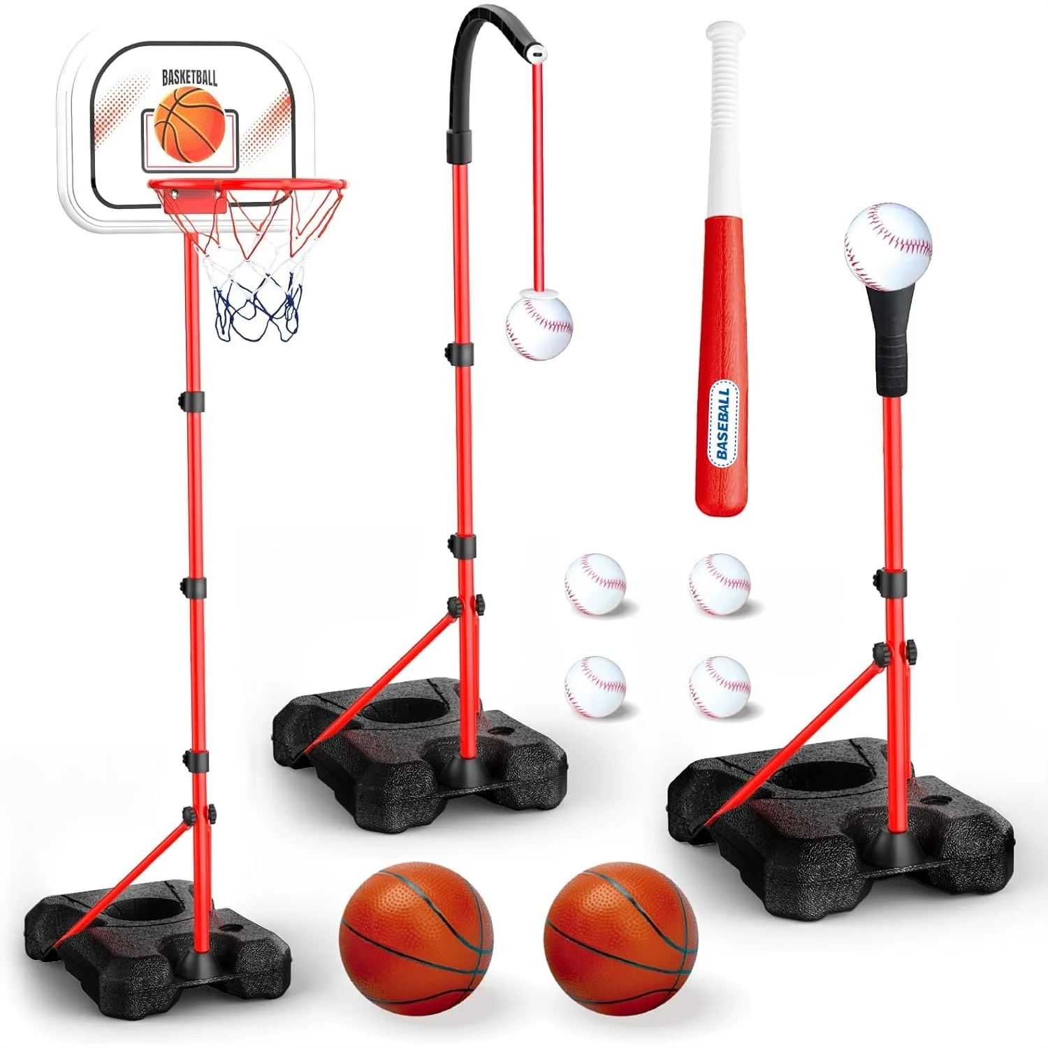 

3-In-1 Kids Basketball Hoop and T Ball Set for Age 3-8, Adjustable Toddler Basketball Hoop, Hanging Tee Ball Outdoor Sport Toy