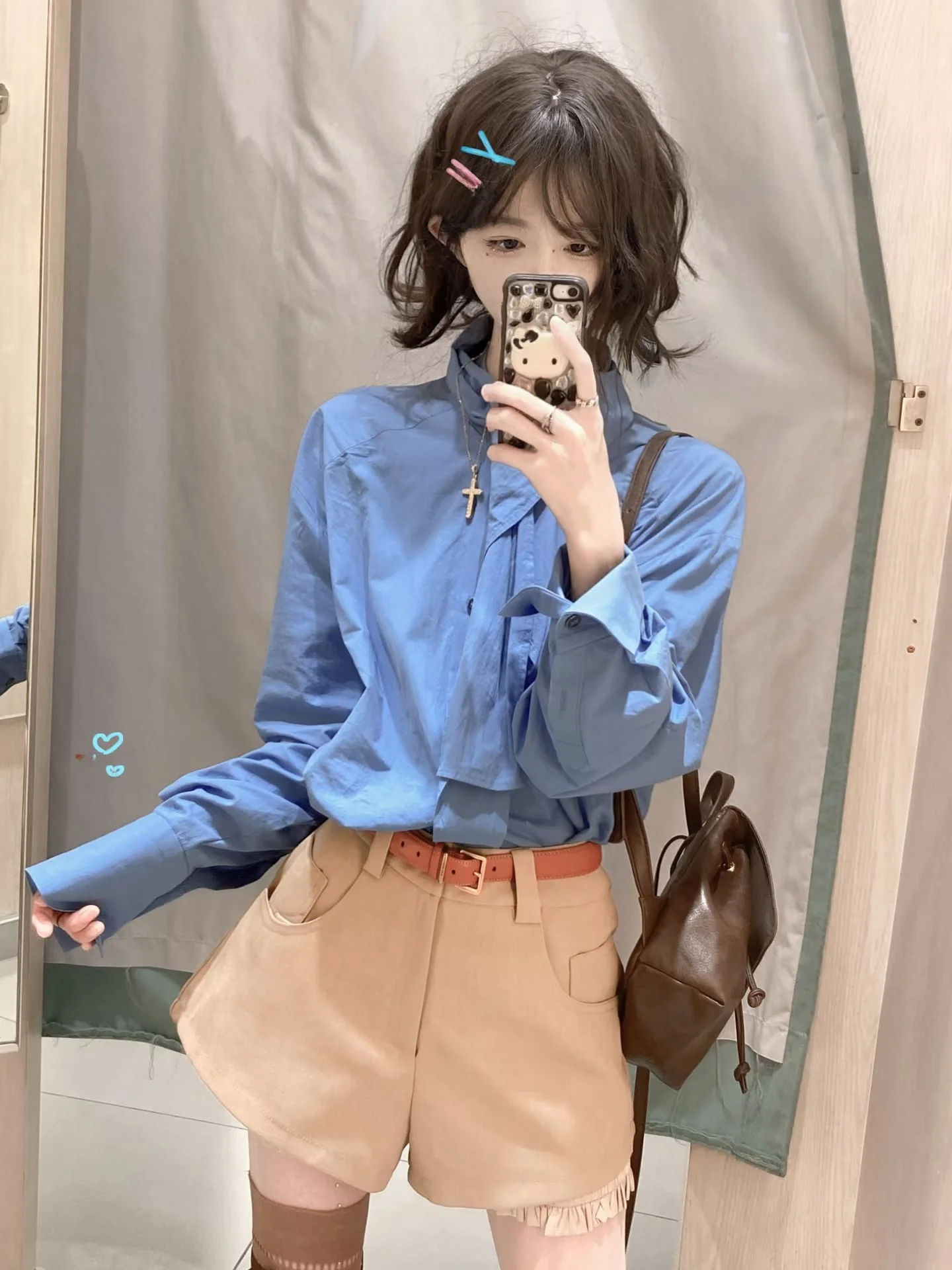 

Blue Long Sleeve Shirt Women's Korean Style Design Sense Knots High Intelligence Sister Feeling Autumn Trendy Shirt
