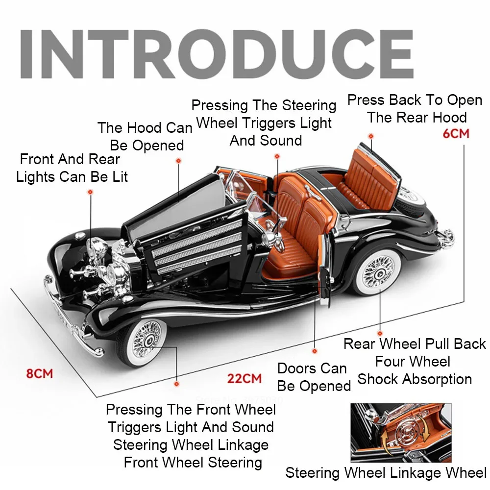 1:24 500K Modele ze stopu metalu, zabawki odlewane ciśnieniowo, klasyczne samochody, koła obracane, miniaturowe samochody z oświetleniem i muzyką, pojazdy, prezenty urodzinowe dla dzieci