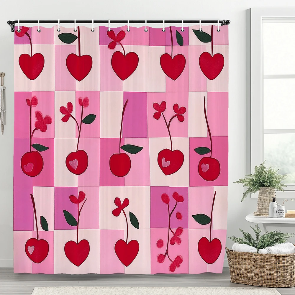 Sweet and Lovely Pink Bow Cherry Strawberry Shower Curtain Partition Hanging Bathroom Curtain with Hooks Home Decoration Curtain