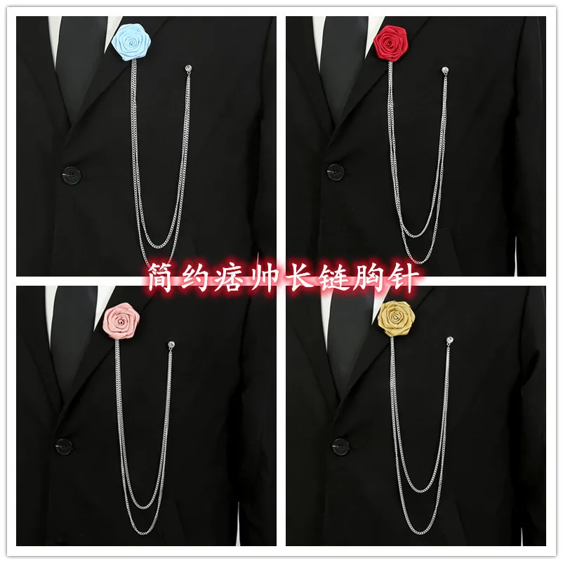 AliExpress Hot Selling Men's Suit Brooch Pin Brooch, Long Chain Simple Fabric Flower Accessories Trendy Accessories