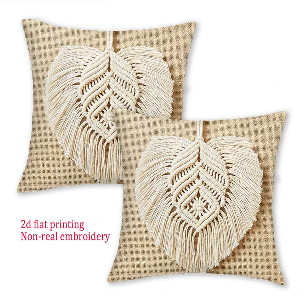 2pcs Bohemian Macrame Heart Shape Throw Pillow Covers Linen Farmhouse Cushion Cases for Sofa Bedroom Decor