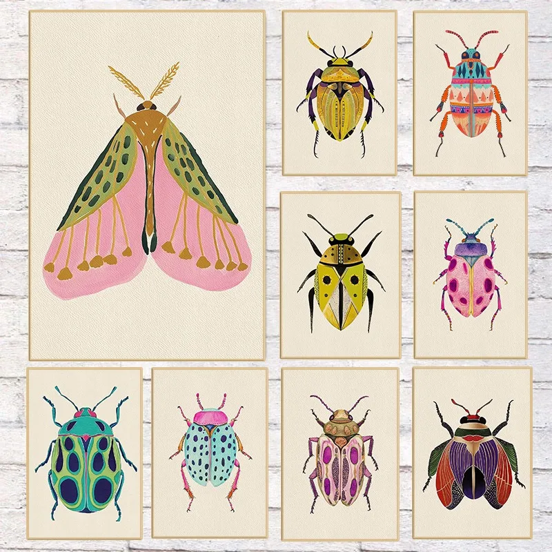 Colorful Insect Modern Boho Bug Artwork Poster Nature Beetle Butterfly Entomology Canvas Painting Wall Art for Room Home Deco