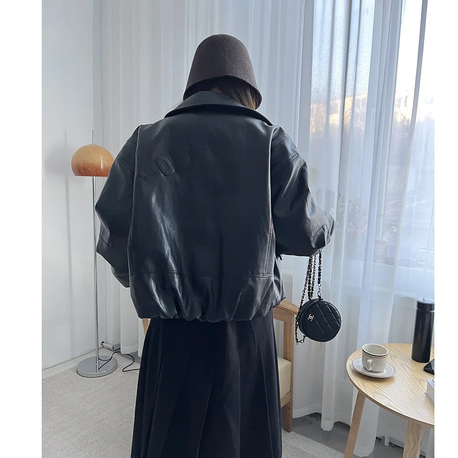 Sli ort Goose down Jaet Women's PU Leather Coat with Emed Letters Collar Autumn Winter Faion High End Selfwill