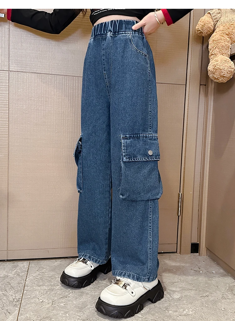 Vintage blaue Cargo-Jeans für Mädchen im Teenageralter, gerade geschnitten, mit Seitentaschen, Kinder-Mode, Street-Style, Jeanshose für Teenager. – Detail 7