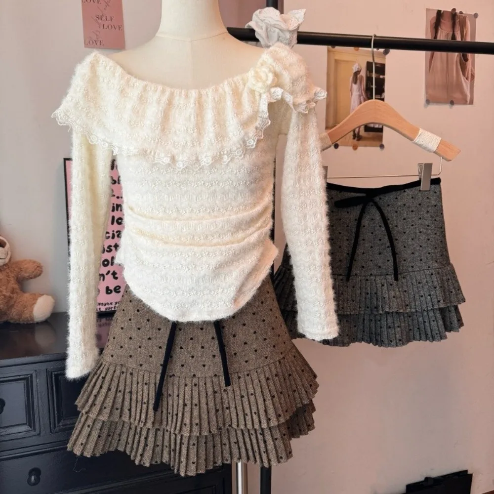 Versatile Polka Dot Mini Skirt High Waist with Lining Pleated Skirt Butterfly Knot Anti-Light Bodycon Skirt for Women