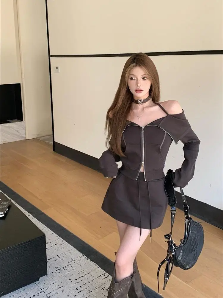 2023 Autumn Sportswear Clothing Suit Korean Fashion 2 Piece Set Woman Solid Casual Cardigan + Slim Y2k Mini Skirt Office Lady