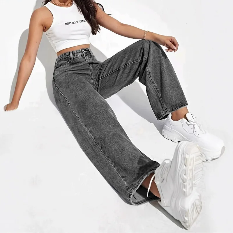 

Loose Straight Leg Washed Denim Jeans Women's Retro Fashion Casual Versatile Long Pants High Waist Cotton Blend Folded Hem