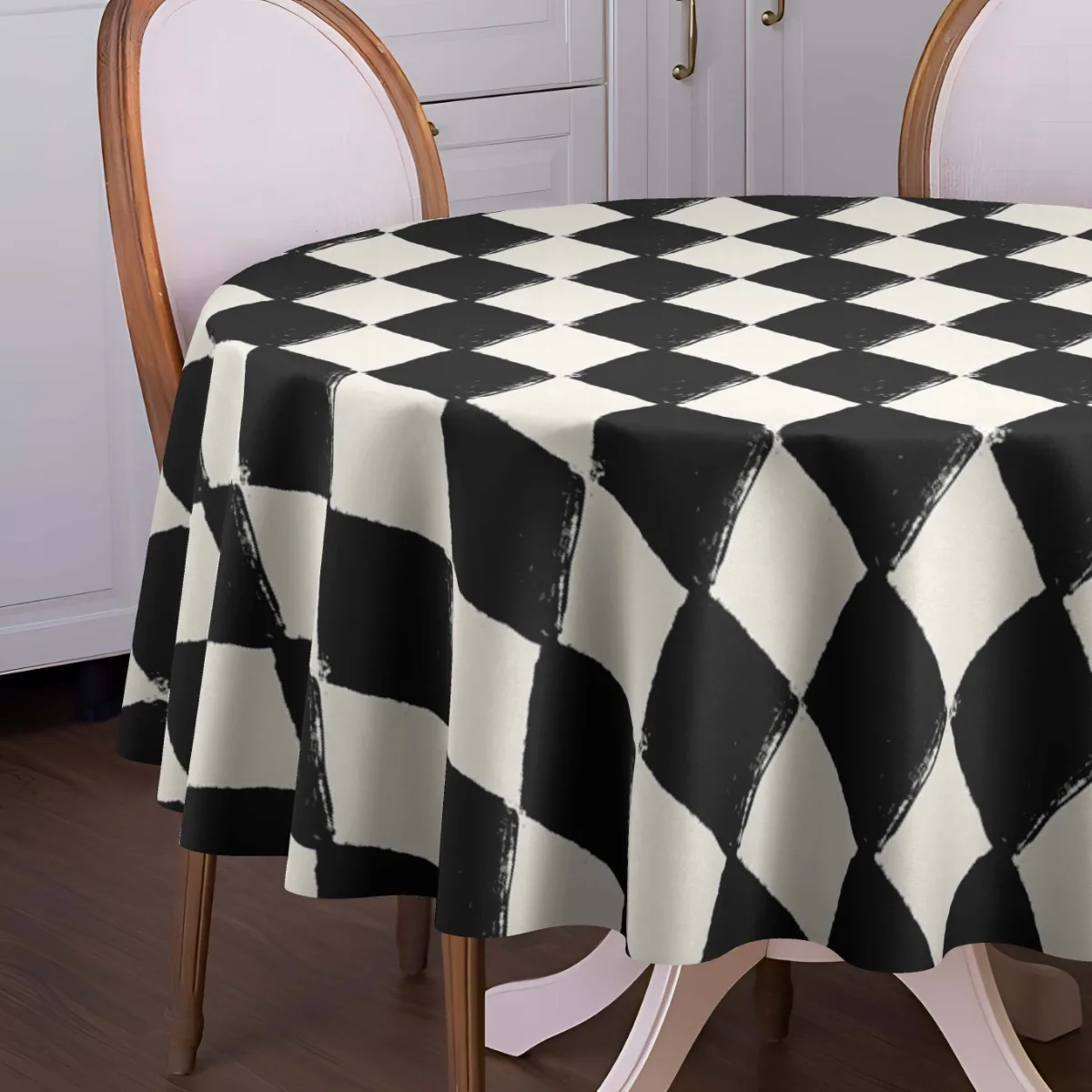One Bohemian black and white diamond-patterned polyester tablecloth - round shape, woven fabric, suitable for partieszyc