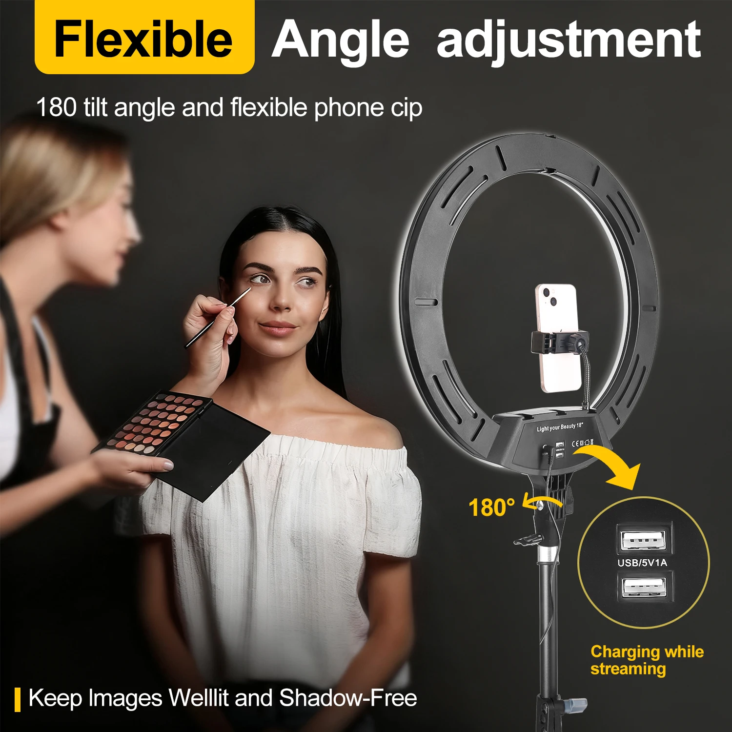 مصباح حلقي ثلاثي الألوان مقاس 18 بوصة مع حامل ثلاثي القوائم قابل للطي بطول 1.86 مترًا و3 حوامل للهاتف - أوضاع ألوان RGB قابلة للتعديل، وإضاءة احترافية