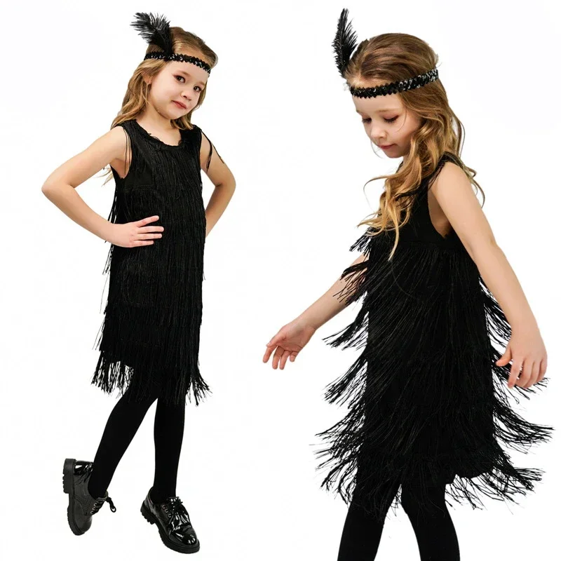 Girls 1920s Flapper Dress Kids Latin Dance Costumes Solid O-Neck Sleeveless Tassel Dress Headwear Set Halloween Party Costume