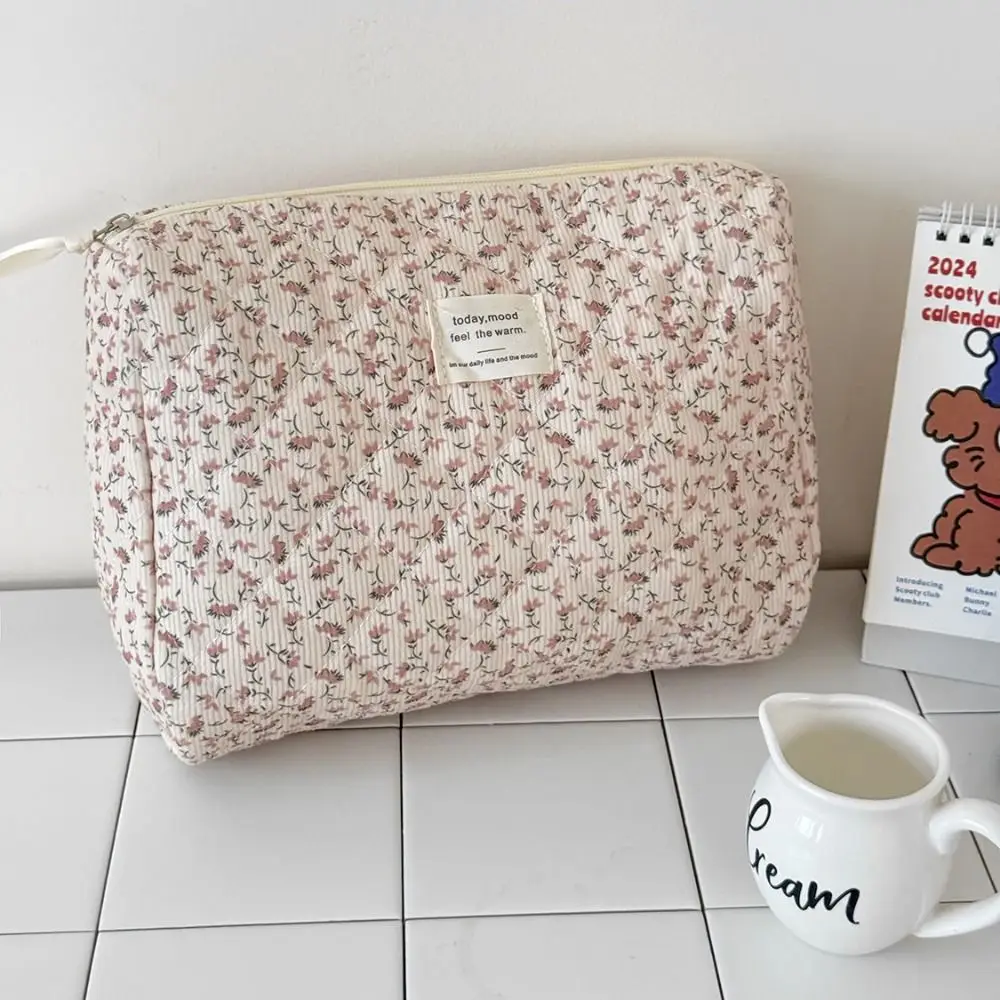 Fashion Corduroy Aesthetic Cosmetic Organizer Large Capacity Zipper Floral Makeup Pouch Toiletry Bag Toiletries