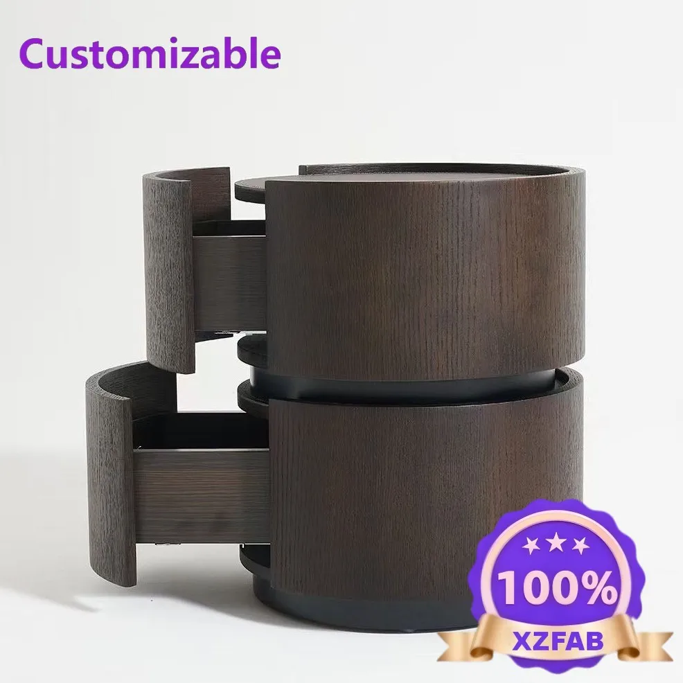 Factory Direct 2026 Italian minimalist walnut bedside table designer high-end round saddle leather bedroom household bedside sto