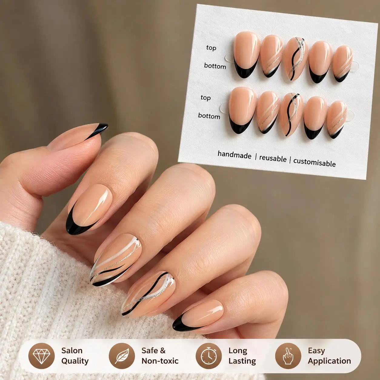 10pcs Nude Handmade Press on Nail Art Classic French Almond Full-Coverage Nail Tips Detachable Wearable False Nail for Women