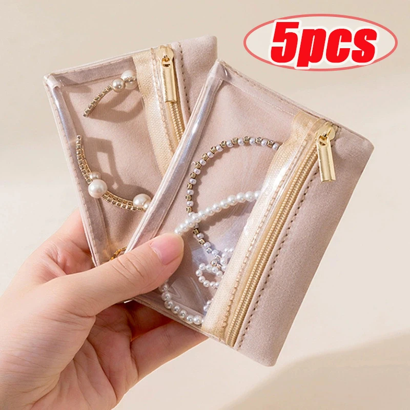 Portable Jewelry Storage Bag Earrings Necklace Velvet Zipper Pouch Travel Watch Ring Organizer Clear Water-Proof Dustproof Bag