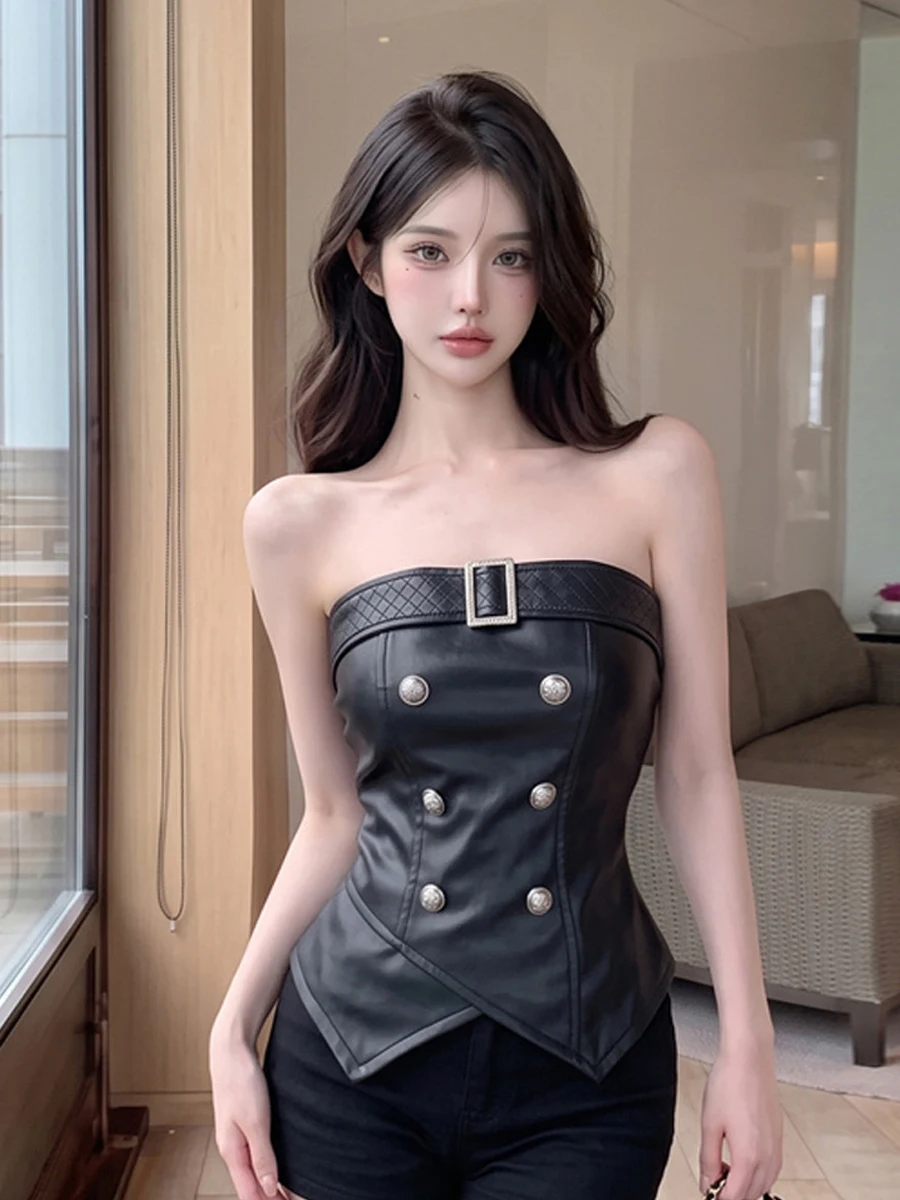 Sexy Retro Double Button Shoulder Bared Tube Top Vest Spicy Girl Versatile Slimming Top with Chest Pad Comfortable All Season