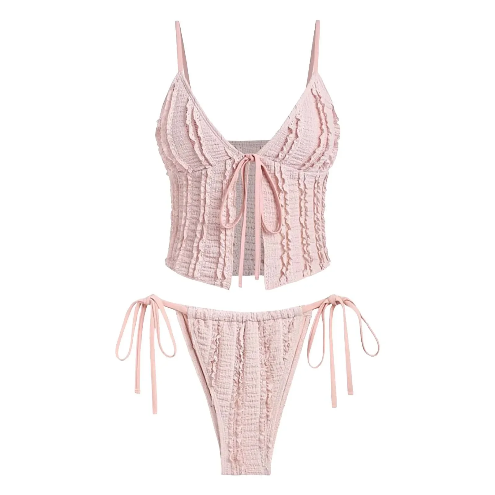 

2025 New Ruffled Trim Textured Women Swimsuit Side Tie Two-Piece Swimwear Ladies Bathing Suit Solid Color Female Beachwear