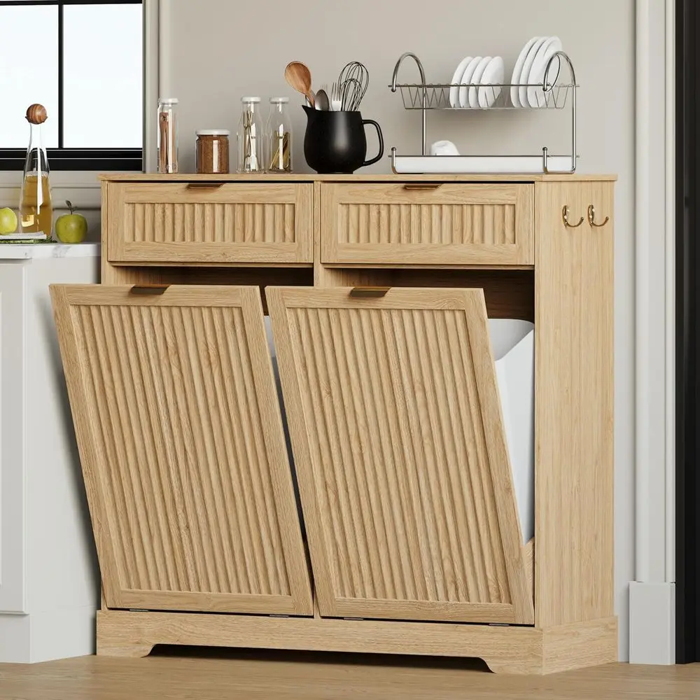 

2 x 13 Gallons Double Tilt Out Trash Can Cabinet, Wooden Fluted Trash Garbage Can Cabinet with 2 Drawers, Hidden Laundry Hamper