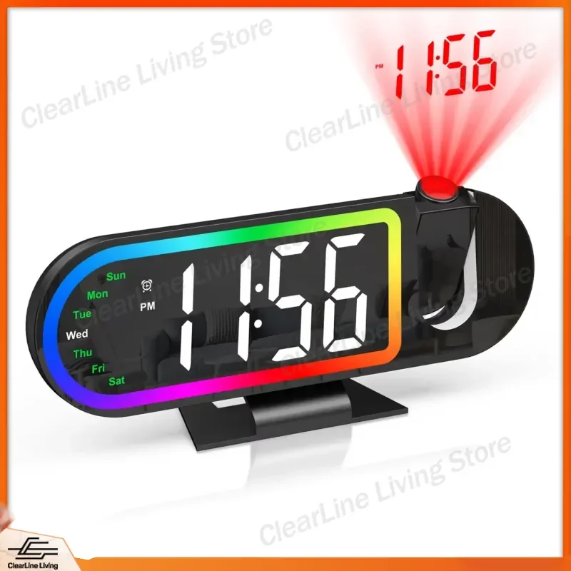 LED Projection Alarm Clock 8.5 Inch Large Screen 17 Colors Ambient Light Digital Time Day Date Display Snooze for Bedroom