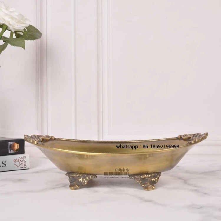 India Imported Brass European Style Retro Oval Carved Tray Fruit Plate Storage Tray Soft Decoration Light Luxury Luxury Decorati