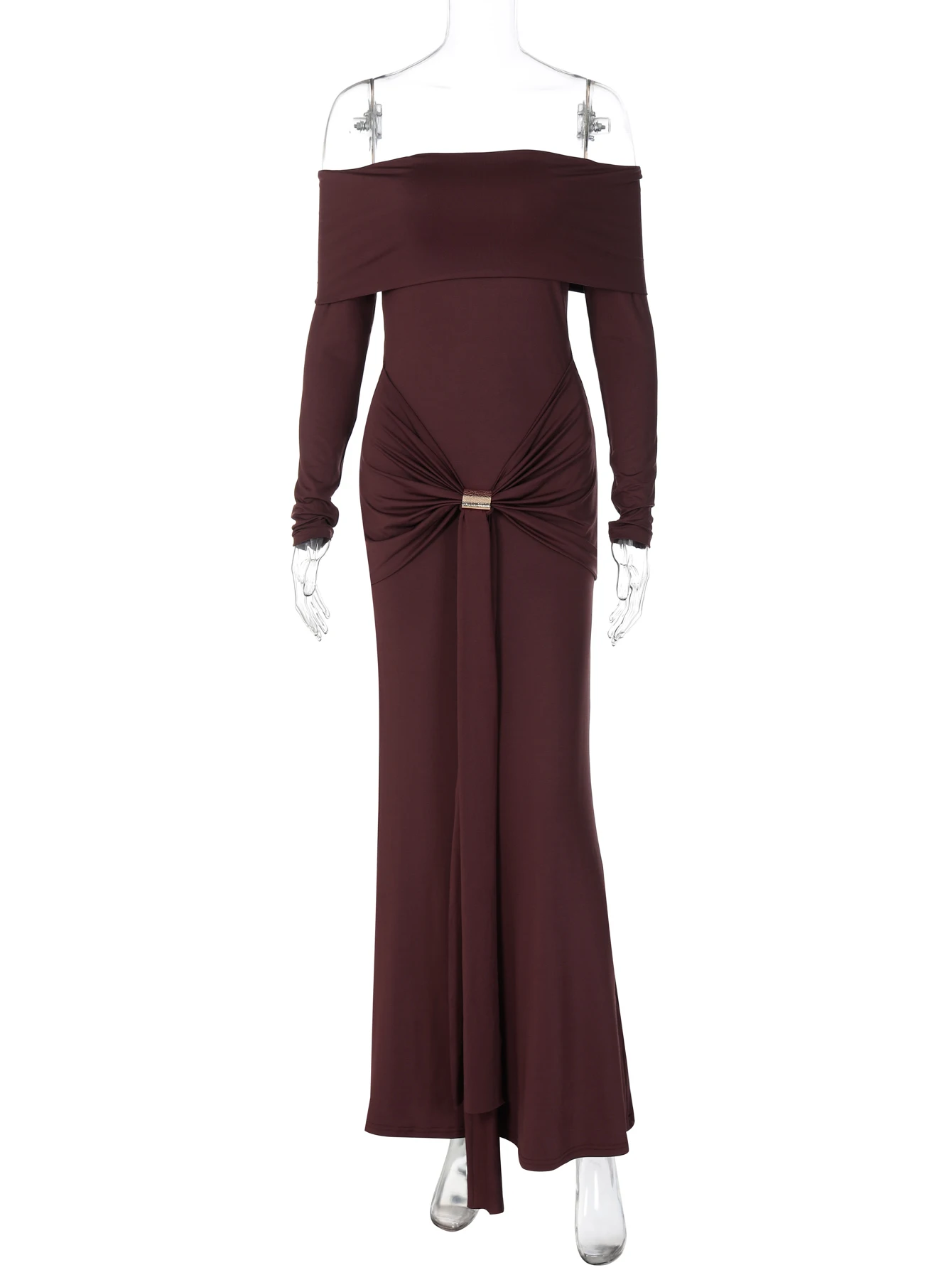 Dulzura الخريف موضة قبالة الكتف كم طويل عارية الذراعين Ruched الشريط فستان طويل المرأة مثير فستان أنيق ملابس الحفلات والنوادي