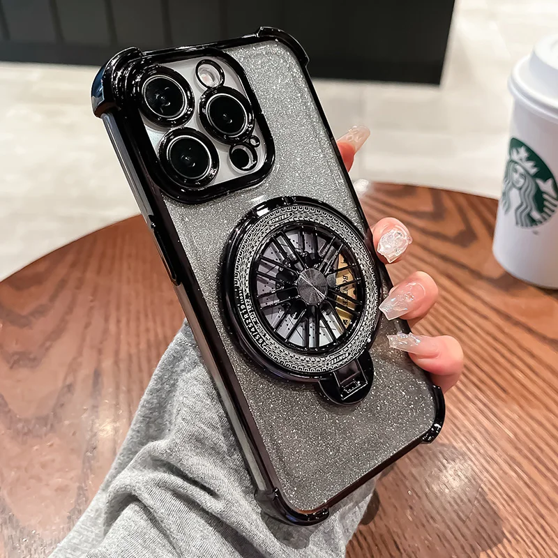 Luxury GlitterสําหรับiPhone 14 15 Pro Max 13Pro 16ProพับสําหรับiPhone 16 Plus Shiny Blingหมุนขาตั้งShell