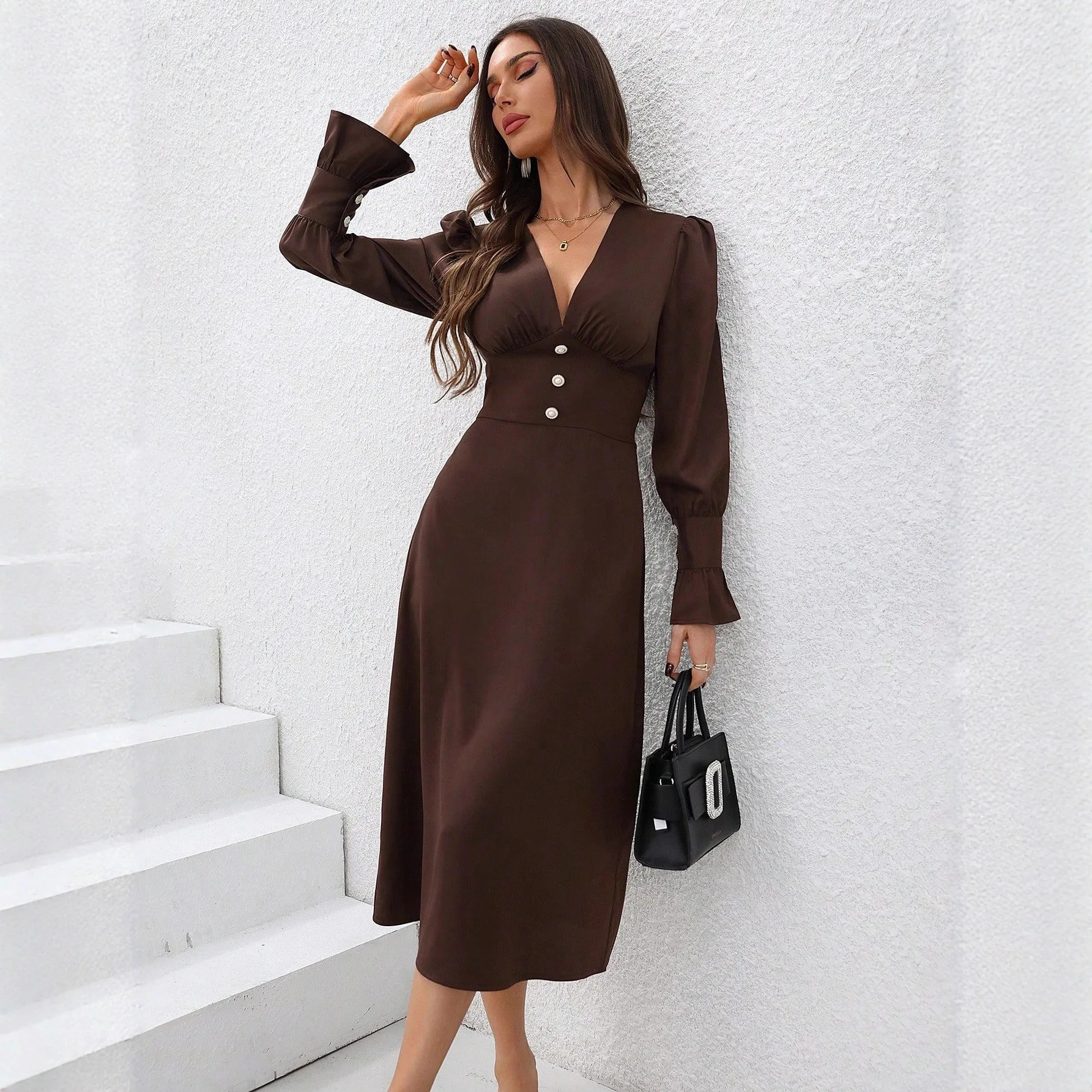 

Women's Elegant Deep V-neck Chiffon Party Dress Casual Lantern Sleeves Solid Waist Slim Long Dress Fashion Draped Evening Dress
