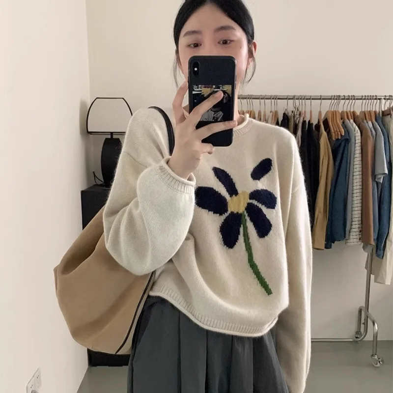 100% Australian wool pullover sweater women's long sleeved sweater new knitted versatile simple women's O-neck wool sweater M-XL