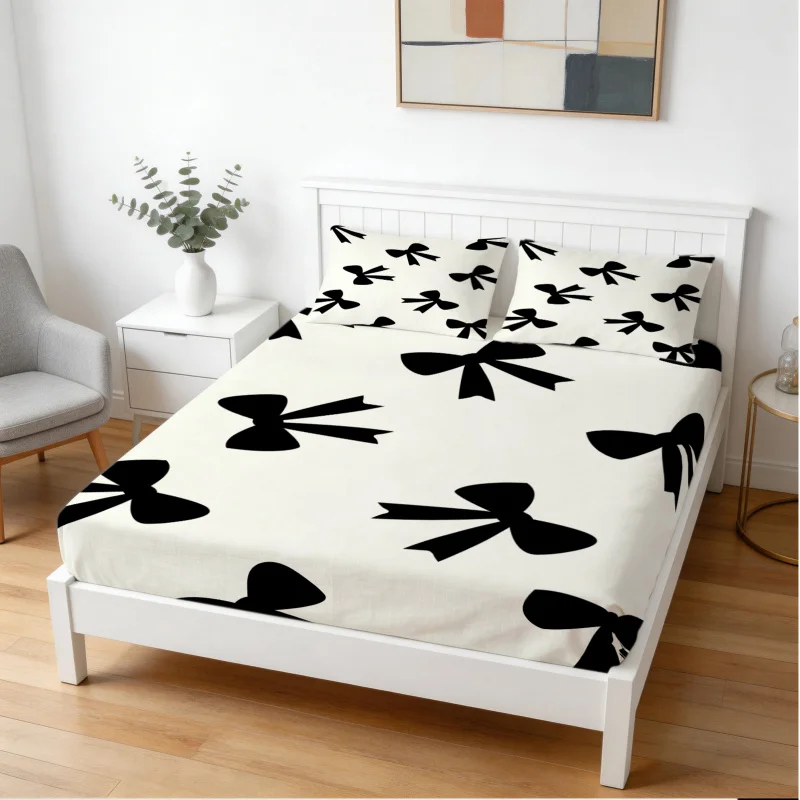 Bow Aesthetic Fitted Sheet Set, Cute Bow Print Mattress Cover, Elastic Soft Bed Linen for Girls, Skin-friendly Room Decor Sheet