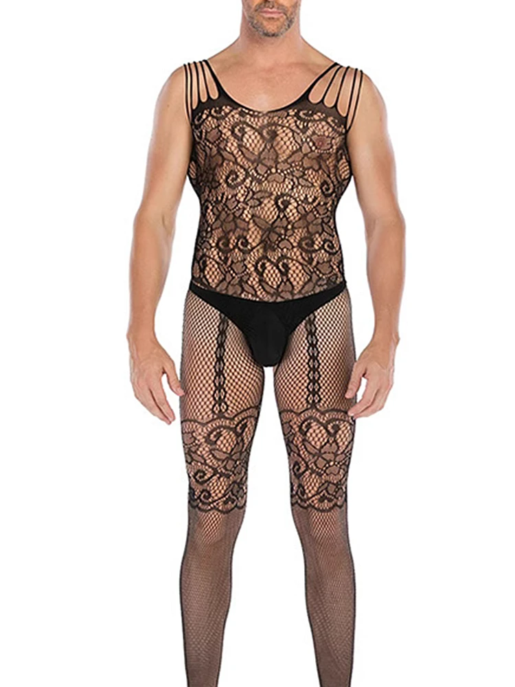 Black Men\'s Underwear Body Stockings Man Fishnet Bodysuits Open Crotch Lingerie Jumpsuit Male Erotic Porno Club Nightwear