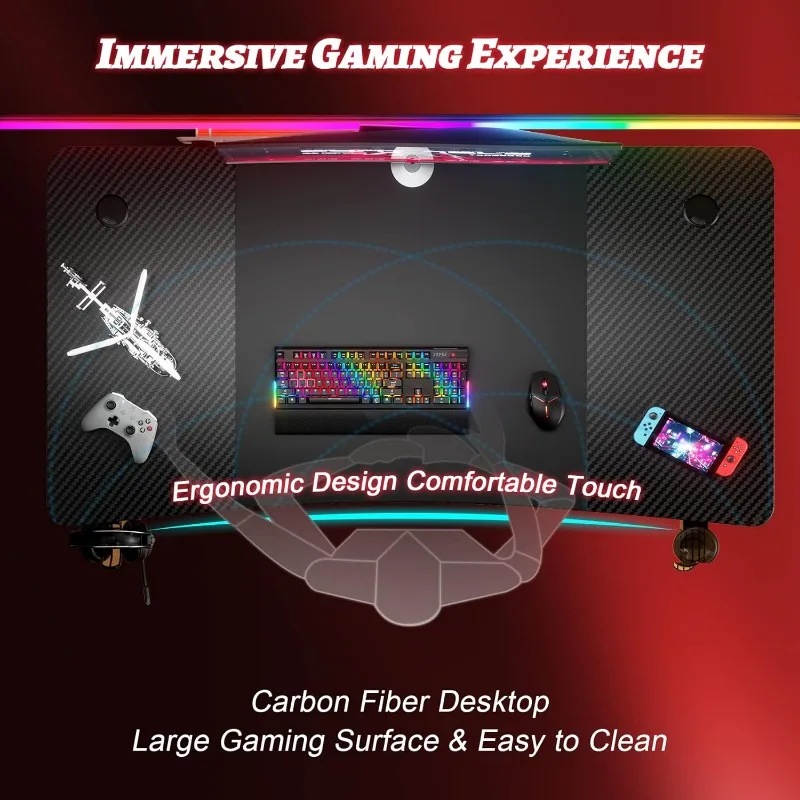 47 Inch Gaming Desk with Carbon Fibre Surface Large Computer Desk Gaming Table Ergonomic Pc Gaming Workstation