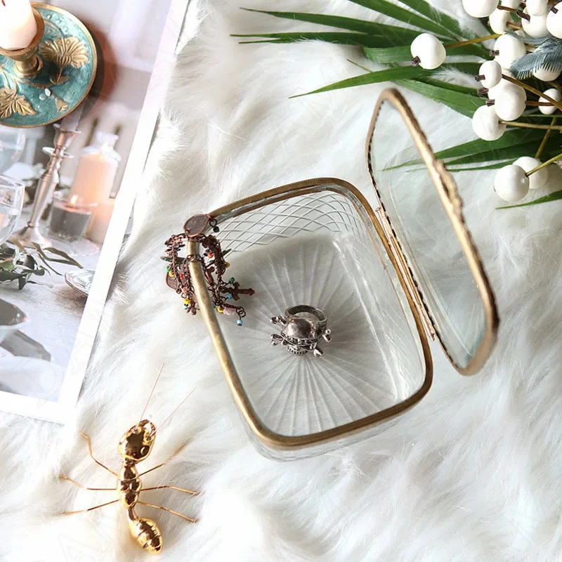 European Glass Storage Boxs Metal Carved Border Decorative Cosmetic Container Dressing Table Jewelry Organizer Home Decoration